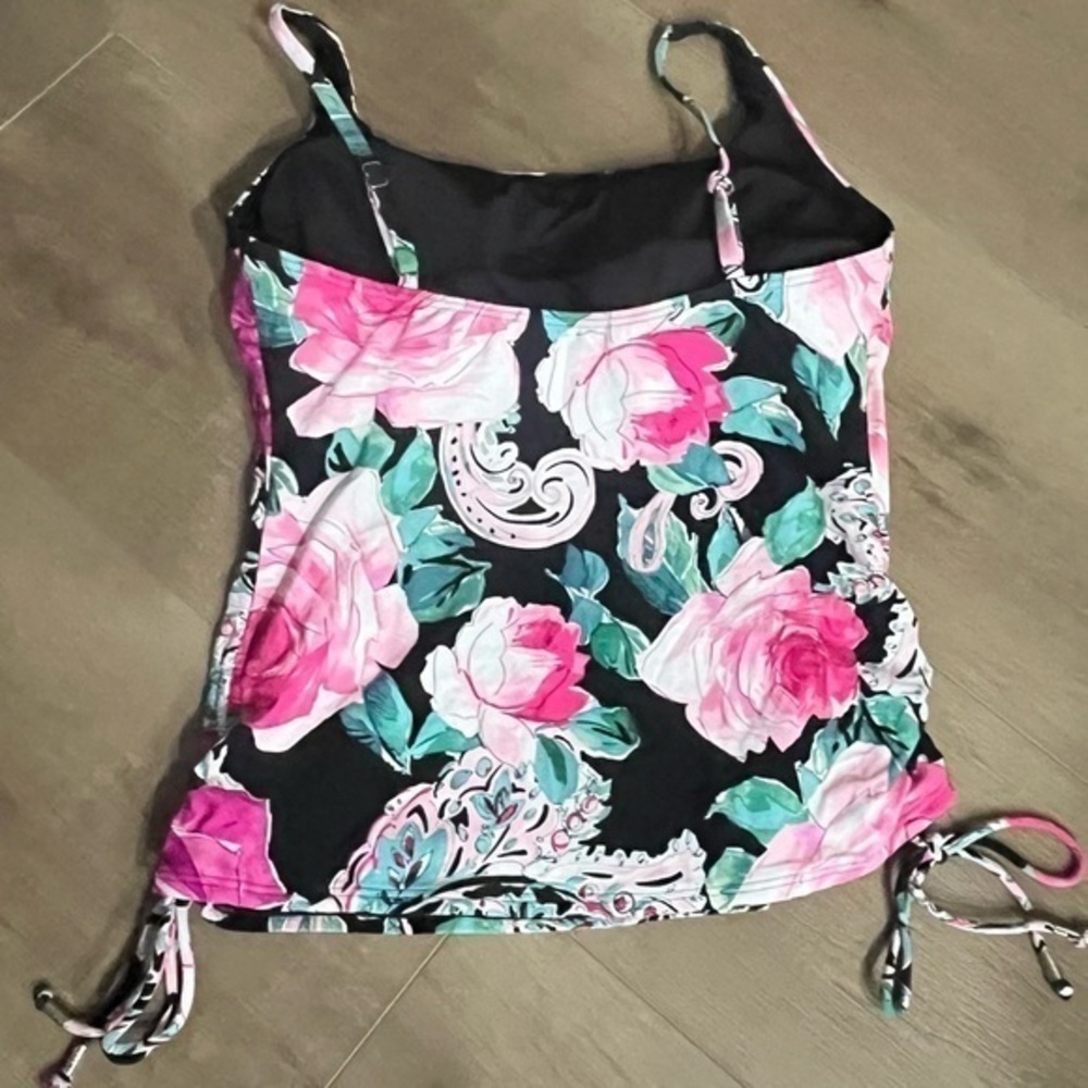 Carmen Marc Valvo Tankini Top Pink Floral Ruched Tie Side Corded Hem $110 C2H268 - Picture 6 of 16